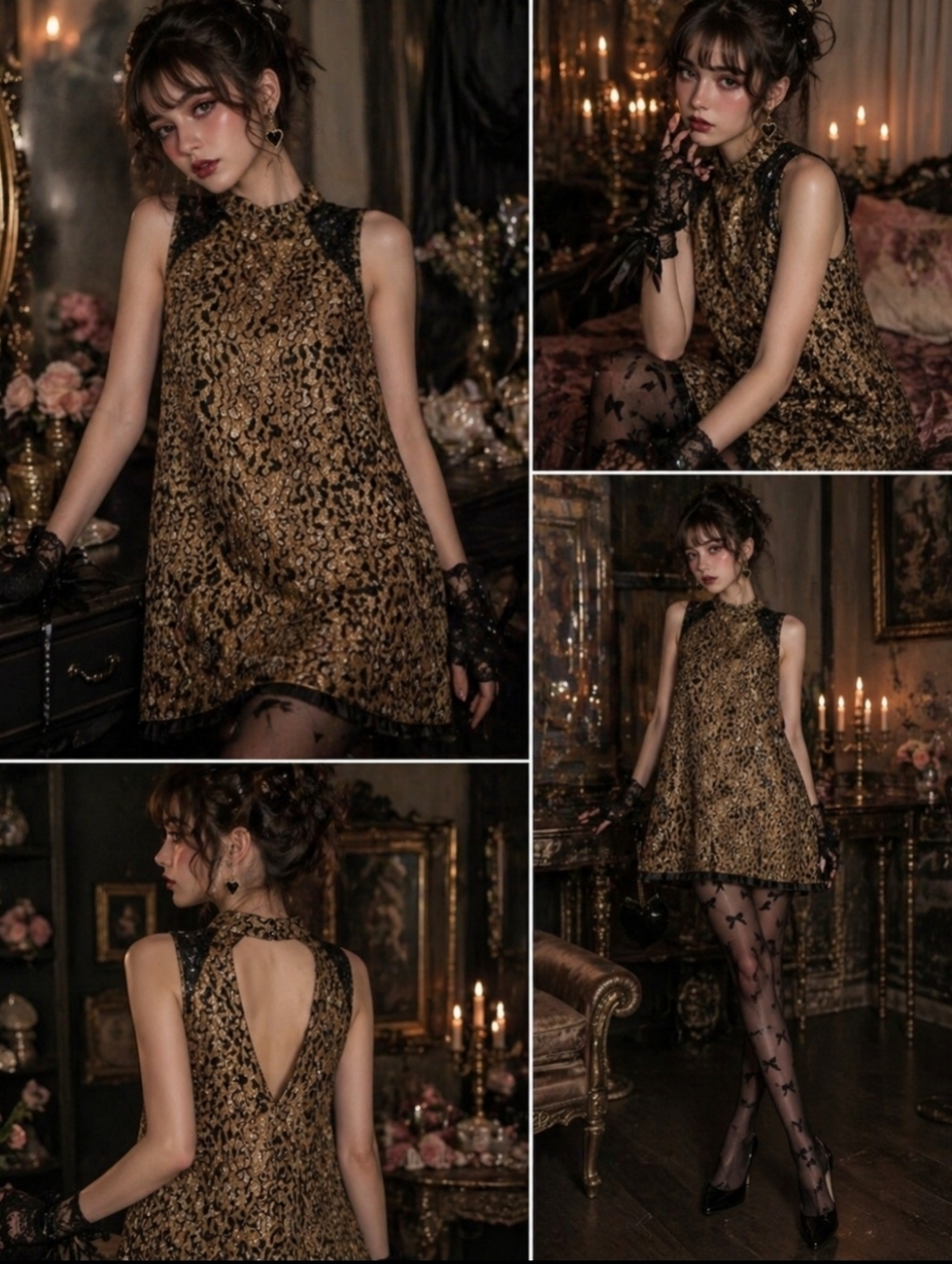 Betsey Johnson Leopard Lace Trapeze Dress Size Small Gold Black Whimsygoth
